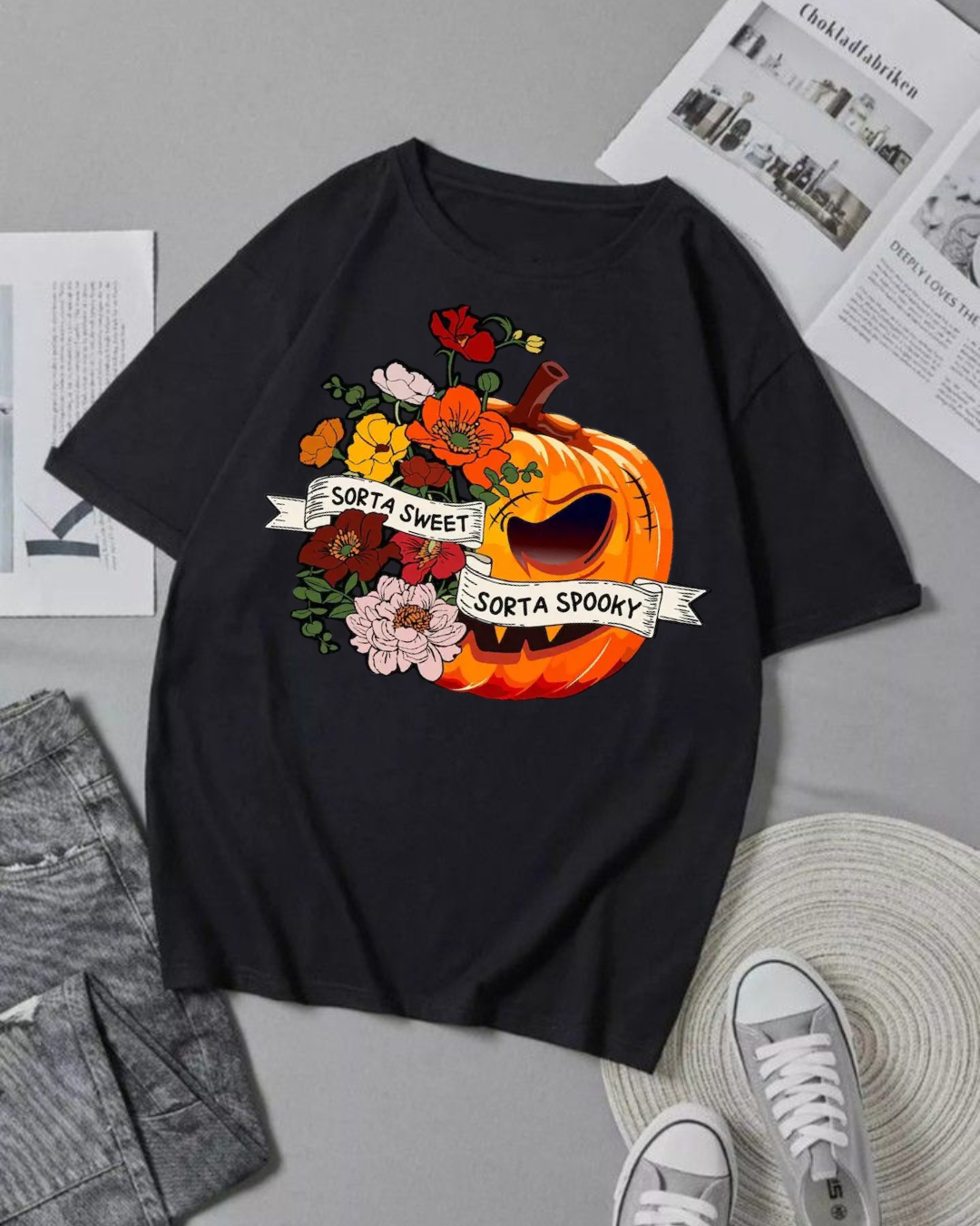 Sweet Sorta Spooky Shirt, Flower Pumpkin Shirt, Halloween PumpkinTee, Horror Shirt, Halloween Party Gift, Sarcasm Tee, Spooky Season T Shirt