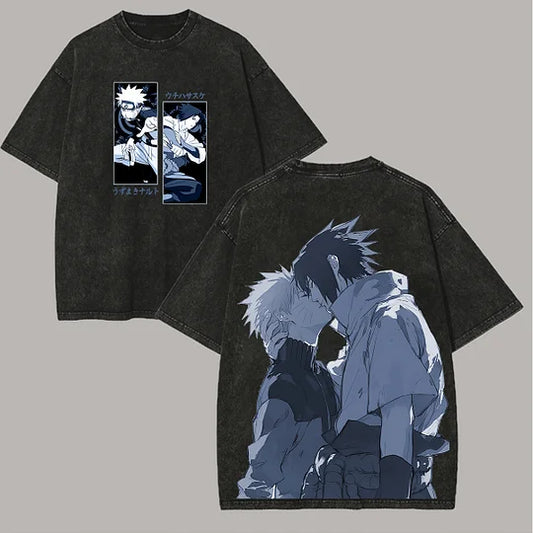 Naruto and Sasuke Printed Unisex Washed T-Shirt