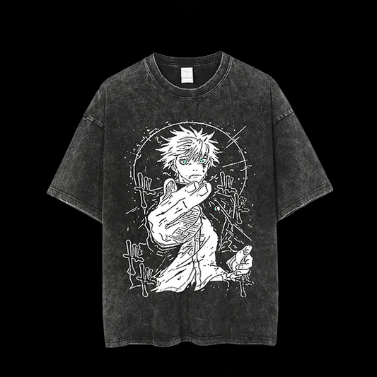 Retro Gojo Satoru Anime Printed Men's Washed T-Shirt