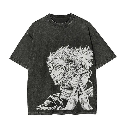 Jujutsu Kaisen Sukuna Printed Oversize Washed T-Shirt- Unisex
