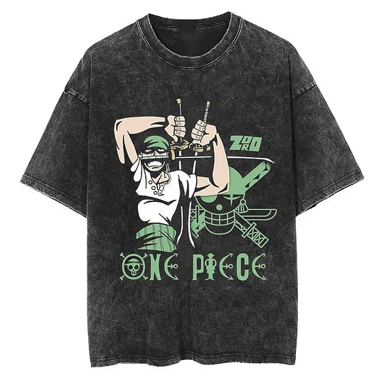 Zoro One Piece Printed   Washed T-Shirt- Unisex