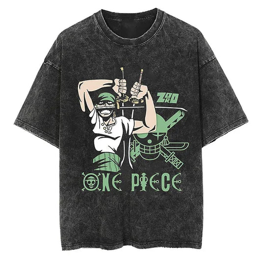 Zoro One Piece Printed   Washed T-Shirt- Unisex