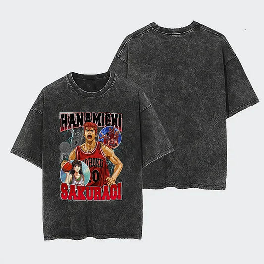 Slam Dunk Sakuragi Hanamichi Printed   Washed T-Shirt- Unisex