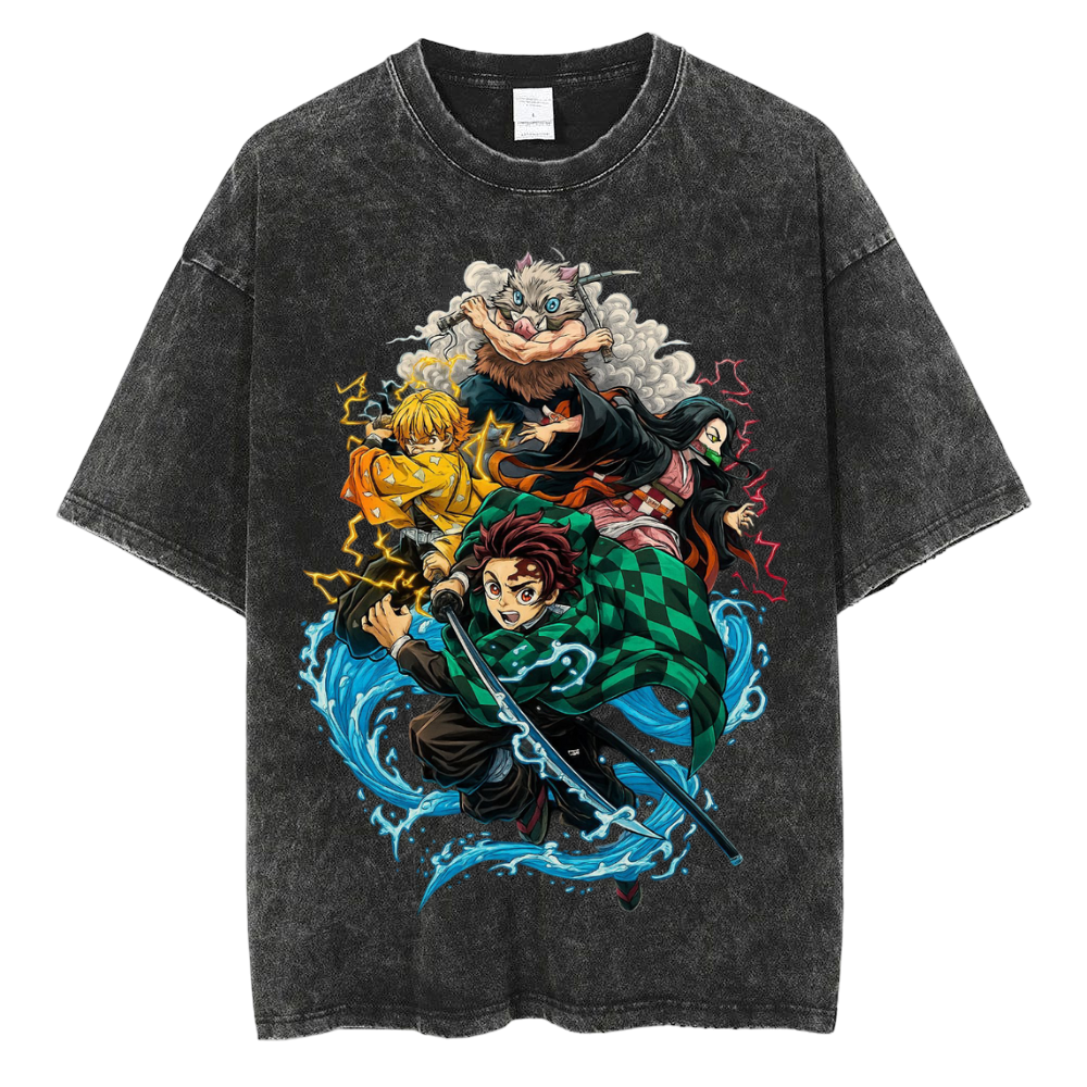 Elemental Warriors Vintage Washed Oversize Unisex Anime Inspired Streetwear Graphic Tee