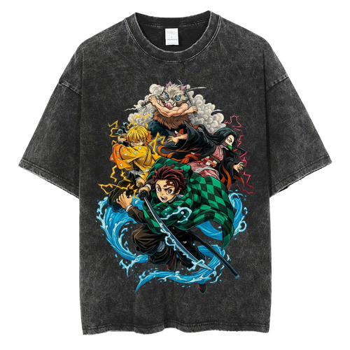 Elemental Warriors Vintage Washed Oversize Unisex Anime Inspired Streetwear Graphic Tee