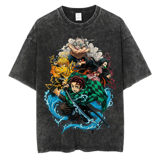 Elemental Warriors Vintage Washed Oversize Unisex Anime Inspired Streetwear Graphic Tee