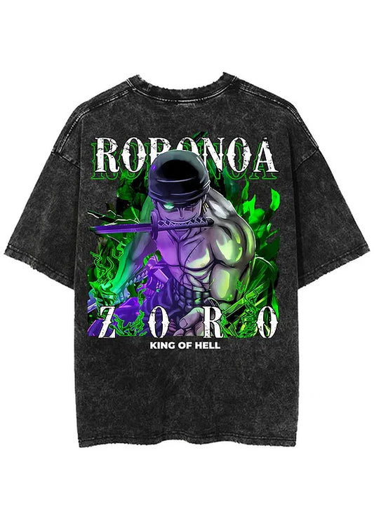 Roronoa Zoro King Of Hell Printed Men's Washed T-Shirt