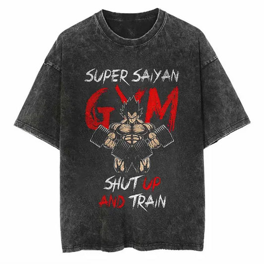 Super Saiyan Gym Shut Up And Train Printed   Washed T-Shirt- Unisex