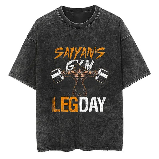Dragon Ball Saiyans Gym Leg Day Printed   Washed T-Shirt- Unisex